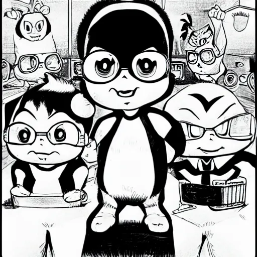 Prompt: black and white illustration of Alvin and the Chipmunks in the style of Junji Ito