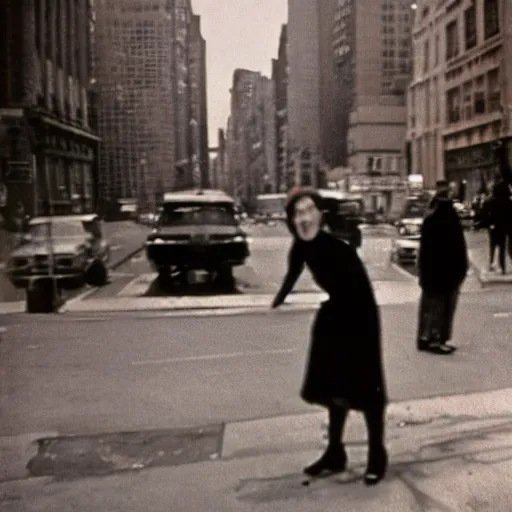 Image similar to street photograph portrait in new york from the year 1 9 6 0, ultra - detailed hyper - realistic, photographed on damaged film