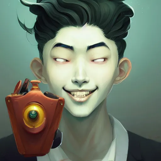 Image similar to a portrait of a cinematic still of the happy mask salesman, art by lois van baarle and loish and ross tran and rossdraws and sam yang and samdoesarts and artgerm and saruei and takaya imamura, digital art, highly detailed, intricate, sharp focus, trending on artstation hq, deviantart, unreal engine 5, 4 k uhd image