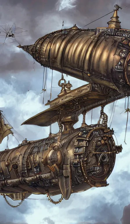 Prompt: close up of a steampunk airship equipped with cannons and artillery, digital art, trending on artstation