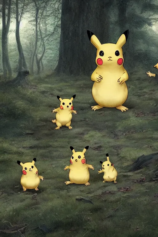 Prompt: A group of Pikachus in the forest, illustrated by Greg Rutkowski and Caspar David Friedrich., Trending on artstation, artstationHD, artstationHQ, 4k, 8k