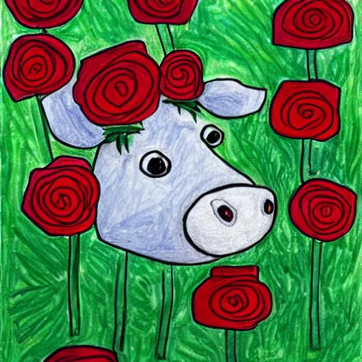 Prompt: a childs drawing of a cow in a field of roses