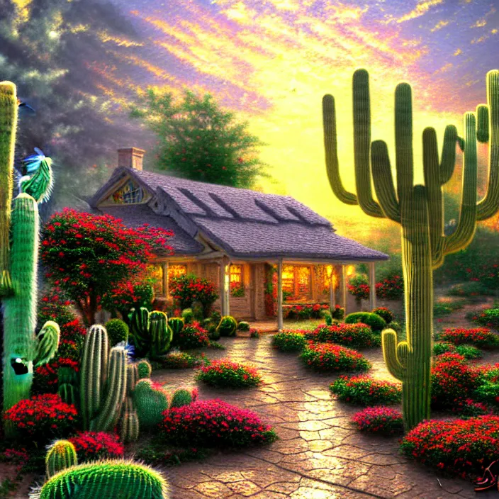 Prompt: hyper realistic, high detail photo of deset scene, thomas kinkade style, adobe house, cactuses, beautiful, dreary lighting