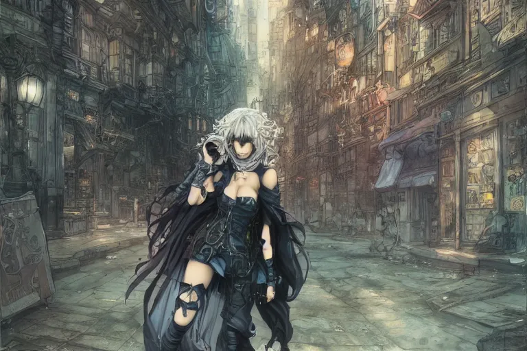 Image similar to goth woman in front of city, color page, tankoban, 4 k, tone mapping, akihiko yoshida, james jean andrei riabovitchev marc simonetti, yoshitaka amano, long hair, curly, h. hydrochaeri