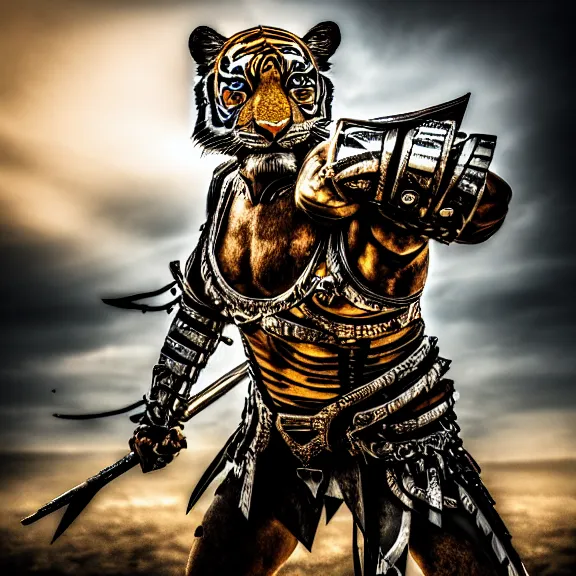 Image similar to photo of a warrior with metal tiger theme armour, 4 k, hdr, smooth, sharp focus, high resolution, award - winning photo