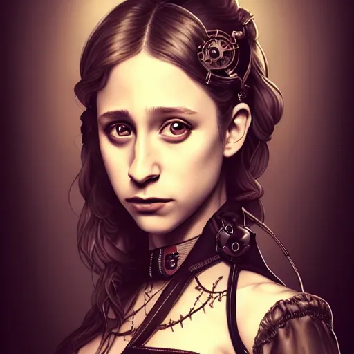 Image similar to in the style of pedro campos, artgerm, beautiful taissa farmiga, steampunk, elegant pose, middle shot waist up, symmetrical face symmetrical eyes, cinematic lighting, detailed realistic eyes, short neck, insanely detailed and intricate elegant