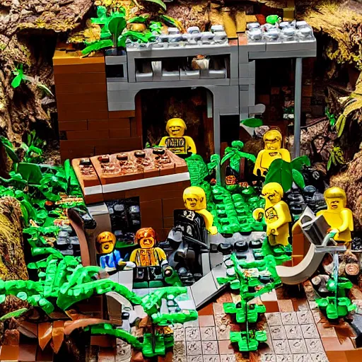 Image similar to abandoned, overgrown, underground bunker. jungle room. lego set