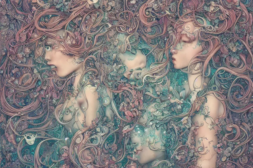 Image similar to collection of beautiful celestial females exposed in cryo chamers , by James Jean, intricate, elegant, highly detailed, centered , vivid color, digital art