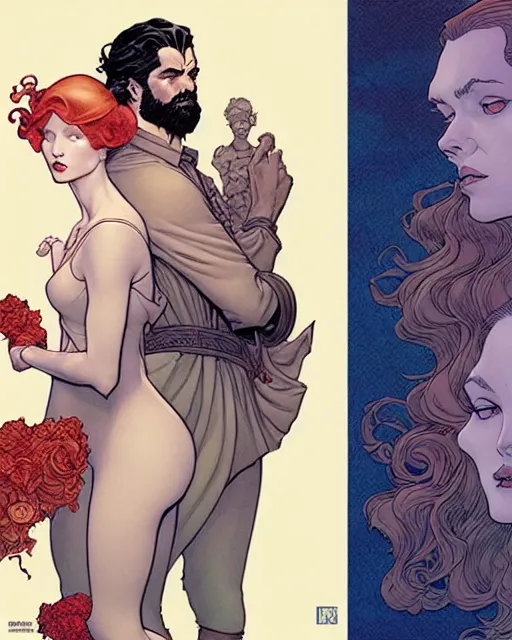 Image similar to a handsome man and a beautiful woman back to back artwork by james jean, Phil noto and rebecca guay