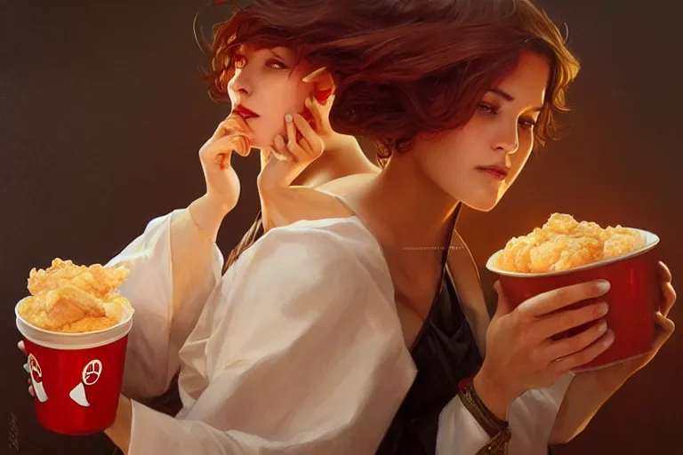 Image similar to kfc chicken, portrait, elegant, intricate, digital painting, artstation, concept art, smooth, sharp focus, illustration, art by artgerm and greg rutkowski and alphonse mucha