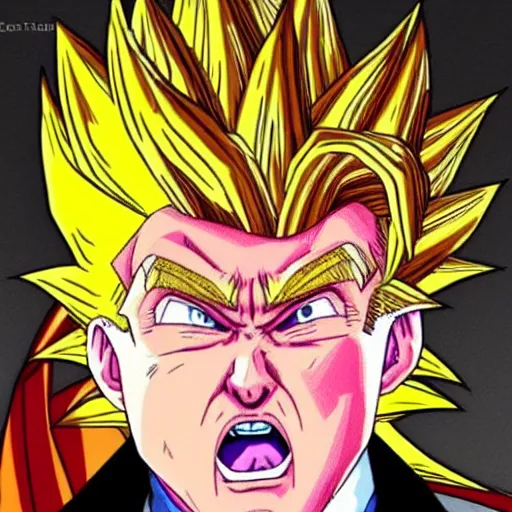 Prompt: super saiyan donald trump, super saiyan, dragon ball style, super saiyan hair, donald trump