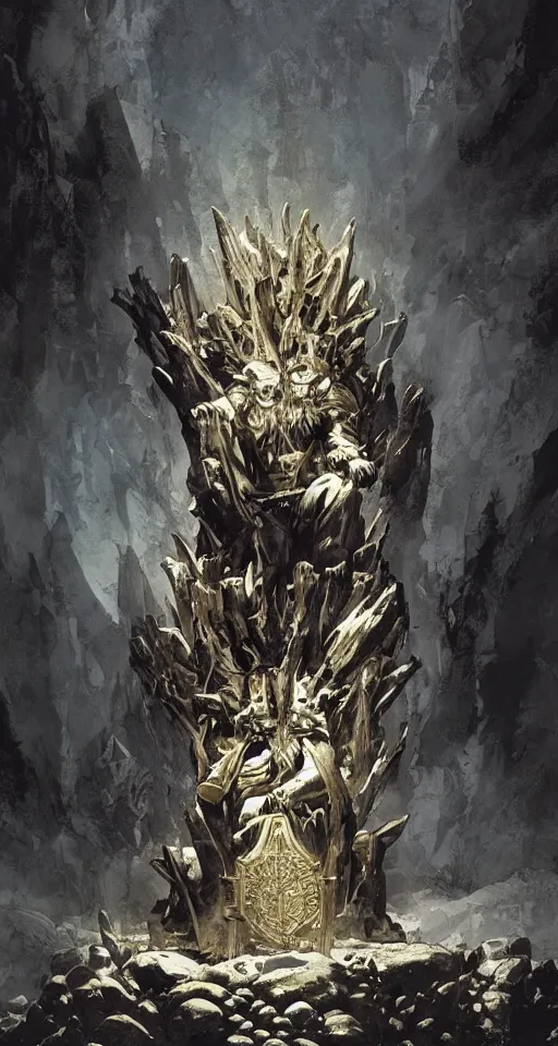 Image similar to king of the wolves. throne of the treasure of the holy grail. By Travis Charest, James Gurney, and Ashley Wood. dramatic lighting. Magic the gathering. digital painting.