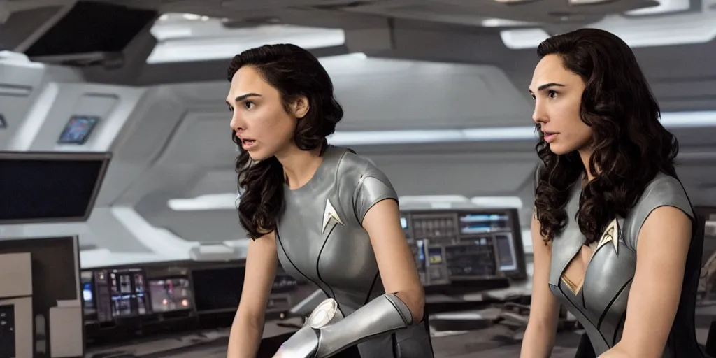 Image similar to gal gadot, in full starfleet uniform, is the captain of the starship enterprise in the new star trek movie