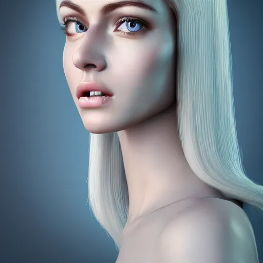 Prompt: 3 d render, hyper detailed, realistic female face and shoulders, white porcelain, fine facial features, white eyes and eyelashes, 8 k, 1 5 0 ml lens, elegant, white background pastel blue lighting, octane render, volumetric lighting - h 7 0 4