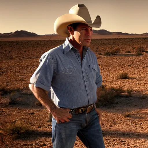 Image similar to cinematic shot of jeffery epstein wearing cowboy clothes and standing in the mojave desert, very detailed, very intricate, dslr,