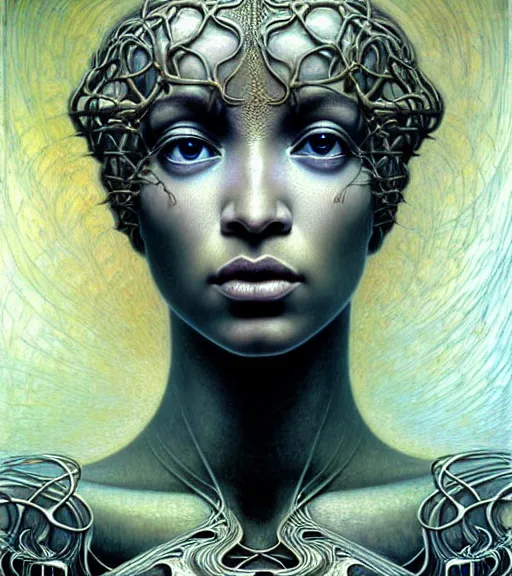 Image similar to detailed realistic beautiful young medieval alien robot beyonce face portrait by jean delville, gustave dore and marco mazzoni, art nouveau, symbolist, visionary, gothic, pre - raphaelite. horizontal symmetry by zdzisław beksinski, iris van herpen, raymond swanland and alphonse mucha. highly detailed, hyper - real, beautiful, fractal baroque