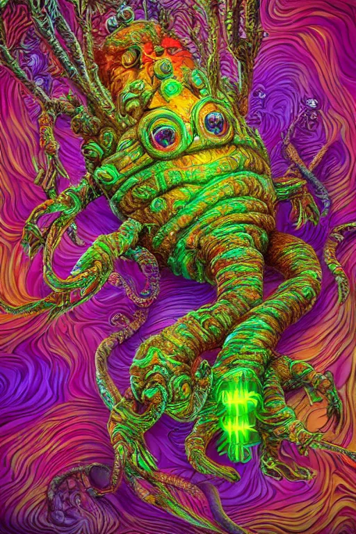 Image similar to creature sushi roots cactus elemental flush of force nature micro world fluo light deepdream a wild amazing steampunk baroque ancient alien creature, intricate detail, colorful digital painting radiating a glowing aura global illumination ray tracing