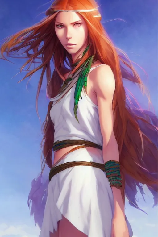 Image similar to long ginger hair, tanned woman in a prehistoric outfit, green eyes, by artgerm, hair tied in a ponytail, white backdrop, soft lighting, blue and purple colors, by greg rutkowski makoto shinkai takashi takeuchi