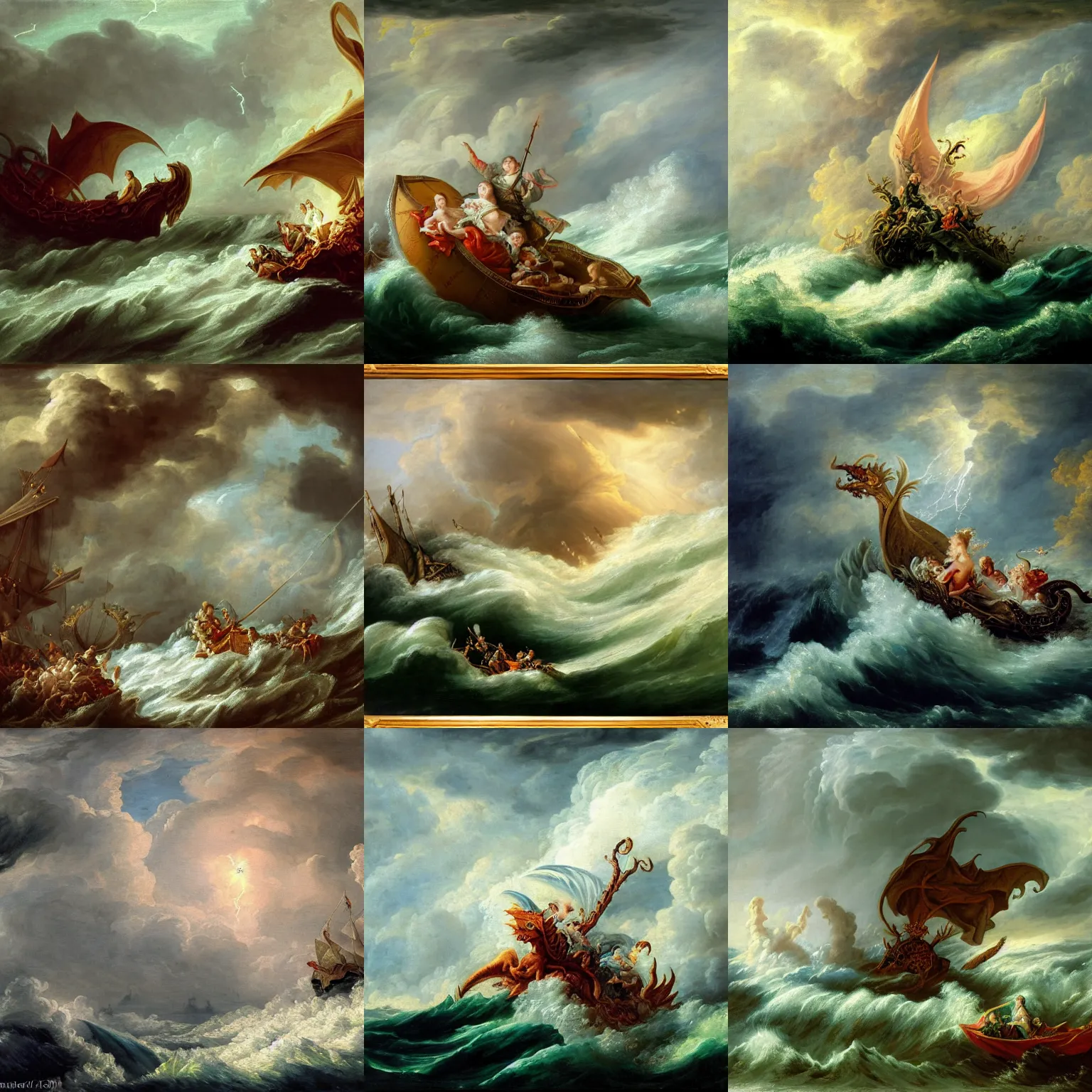 Prompt: a fantasy book style portrait of a giant dragon, stormy sea, giant waves, lightning, small boat, francois boucher oil painting, 4 k