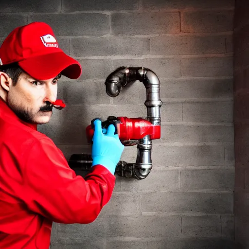 Prompt: an plumber wearing a red outfit and having a moustache and a red hat saying m, cinematography, photography, highly defined features, hdr,