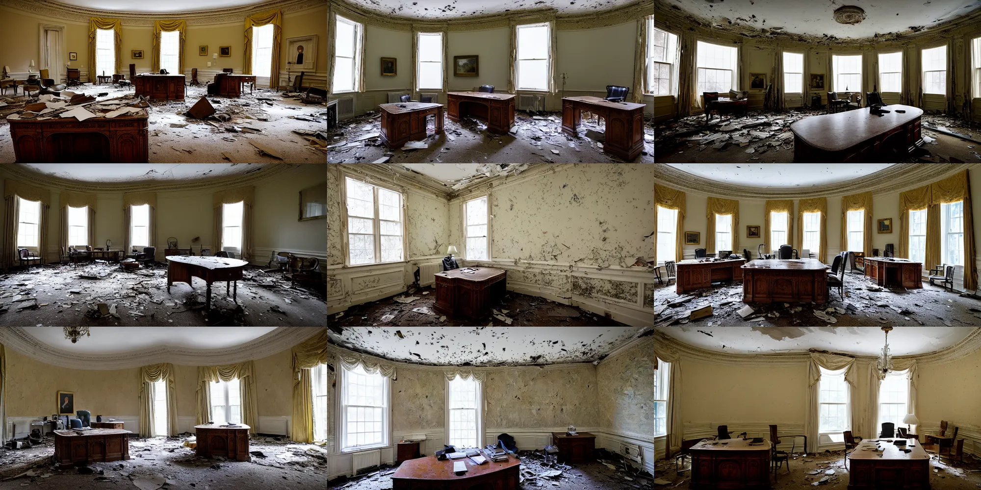 Prompt: photo of the abandoned Oval Office, White House, by annie leibovitz and cindy sherman, urban exploring, 8K, debris, broken table, torn curtains and wallpaper, high quality, focused, chipped walls, decay and abandoned