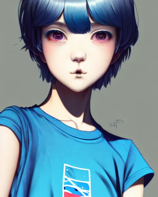 Prompt: detailed up close portrait of a beautiful blueheaded french girl in tshirt, stoned and happy, by saruei and guweiz and ilya kuvshinov and rockwell and warhol and range murata!!, magic art, sleek curves, ultra clear and sharp focus, trending on artstation hq, deviantart, pinterest, unreal engine 5, 4 k uhd image