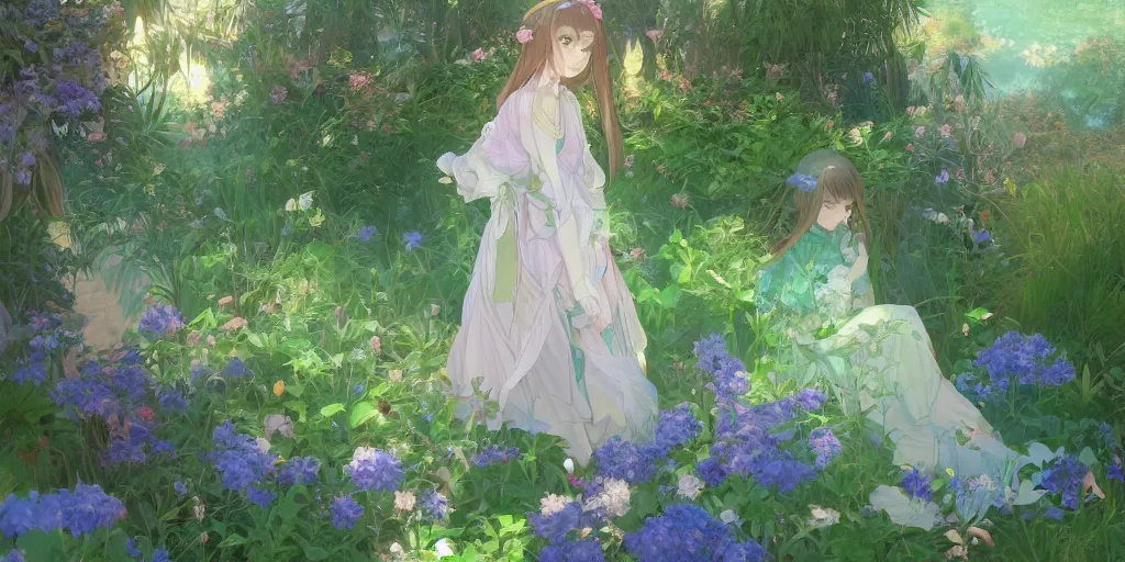 Image similar to a digital art of a loli with long hair in a dress in the privet garden at after noon, green and warm theme, blue flowers accents, back lighting, by krenz cushart and mucha and akihito yoshida and greg rutkowski and makoto shinkai, highly detailed, 4 k resolution, trending on art station