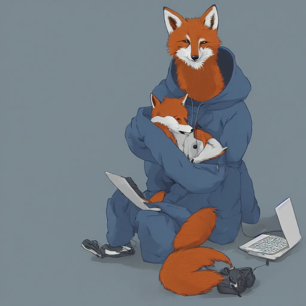 Image similar to an anthropomorphic fox in a blue hoodie sitting in front of the computer, dark tones, concept art, digital art, highly detailed, anime, by hayao miyazaki