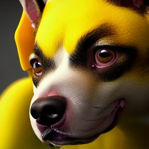 Prompt: perfect mix between a dog and a bee. hyper realistic and highly detailed chimera photography. 8 k rendering, surrealism, concept art, unreal engine 5, trending on artstation.