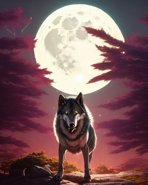 Image similar to highly detailed surreal vfx portrait of a metallic chromatic samurai wolf in front of a full moon, stephen bliss, unreal engine, greg rutkowski, loish, rhads, beeple, makoto shinkai and lois van baarle, ilya kuvshinov, rossdraws, tom bagshaw, alphonse mucha, global illumination, detailed and intricate environment