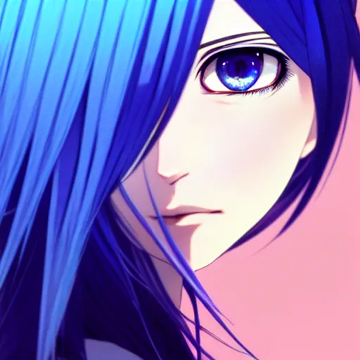 Image similar to attractive long blue - haired girl with bangs gothic anime character with amber eyes, screenshot, anime, sharp focus, intricate, illustration, cell shaded, digital painting, highly detailed, concept art, matte, art by ilya kuvshinov and kyoto animation and wlop, and greg rutkowski, studio quality, james jean