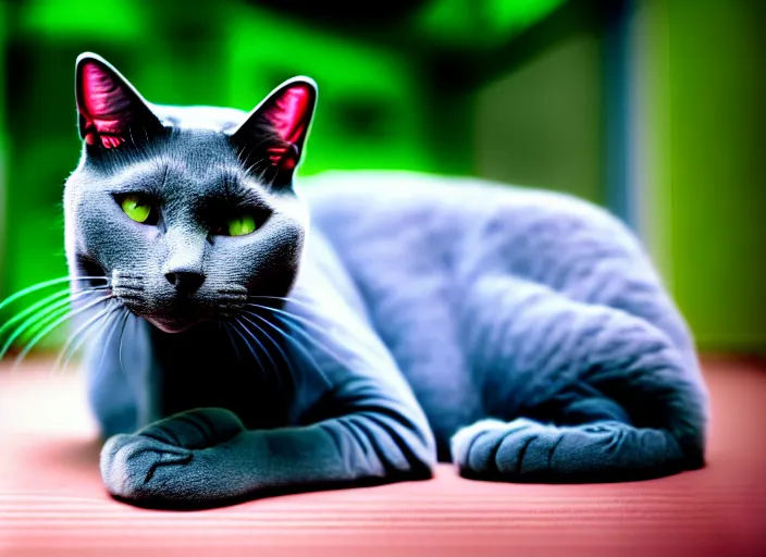 Prompt: Fujichrome Provia 100F photograph of a Russian Blue cat, sigma 85mm f/1.4, 15mm, 35mm, tilted frame, extreme long shot, action shot, long exposure, 4k, high resolution, 4k, 8k, hd, wide angle lens, highly detailed, full color, harsh light and shadow, intoxicatingly blurry