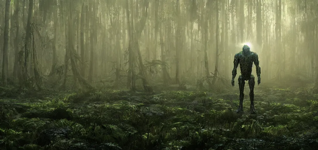 Image similar to a complex organic fractal 3 d metallic symbiotic ceramic humanoid megastructure creature in a swampy lush forest, foggy, cinematic shot, photo still from movie by denis villeneuve, wayne barlowe, sun rays, golden hour