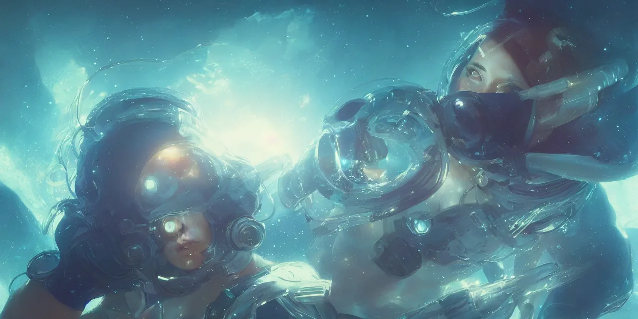 Image similar to dream zoe kravitz astronaut, underwater in the ocean at night, atmospheric, volumetric lighting, glowing lights, 4k, octane, digital painting, artstation, concept art, sharp focus, illustration, art by artgerm and greg rutkowski and alphonse mucha