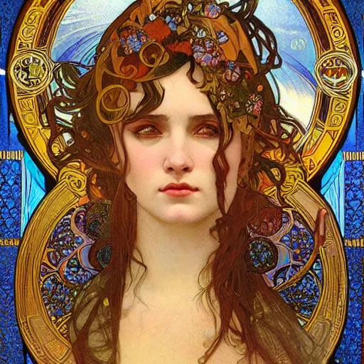 Prompt: realistic detailed face portrait of a beautiful young Salome by Alphonse Mucha, Greg Hildebrandt, and Mark Brooks, gilded details, spirals, Neo-Gothic, gothic, Art Nouveau, ornate medieval religious icon