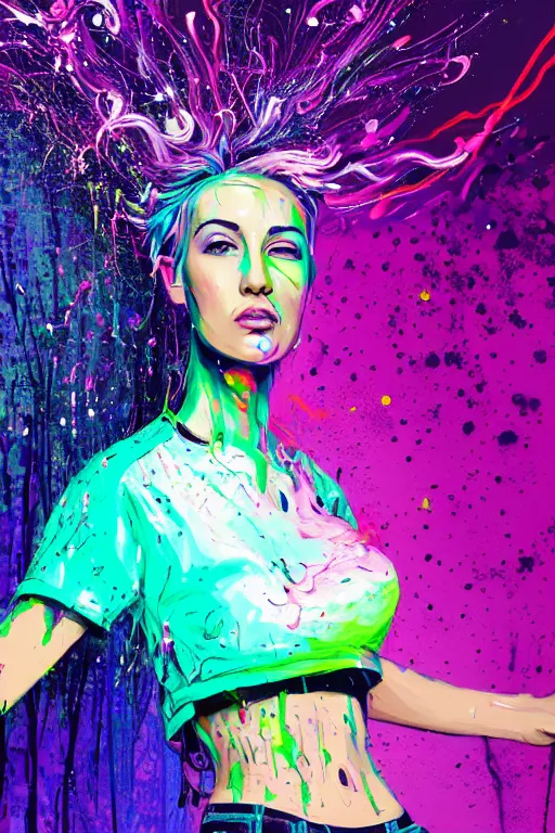 Image similar to a award winning half body portrait of a beautiful woman in a croptop and cargo pants with ombre purple pink teal hairstyle and hands in pockets by ari liloan, surrounded by whirling illuminated lines, paint splashes and splatter, outrun, vaporware, shaded flat illustration, digital art, trending on artstation, highly detailed, fine detail, intricate