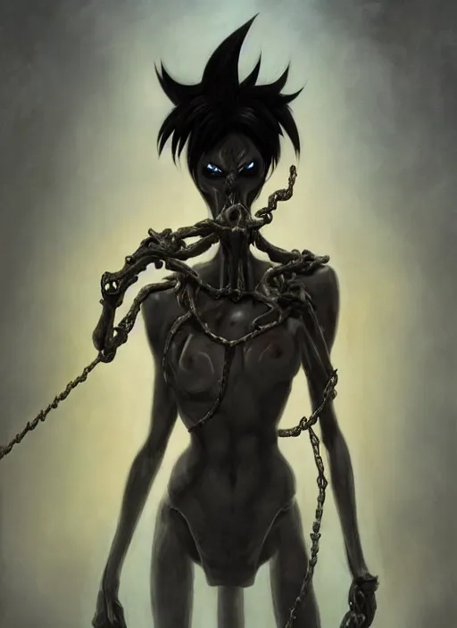 Image similar to full body horror painting of tracer from overwatch, in style of zdzisław beksinski, horror, 4 k, feminine facial features, silhoutte, black, dark, black armor, detailed face, tall, ropes and chains, scary, horror,