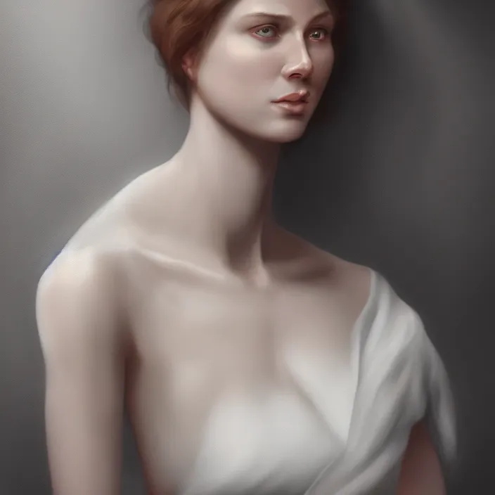 Image similar to a wonderful realistic portrait of a lonely woman who is dressed with a wonderful, majestic, large semi transparent white cotton dress, accent white lighting, dramatic light, octane render by roberto ferri, fantasy art, photo realistic, dynamic lighting, unreal engine rendered, artstation, poster, dramatic light, - 8 k, award winning