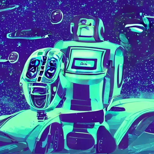 Image similar to Robot Taxi Driving through space, intergalactic background, vaporwave style