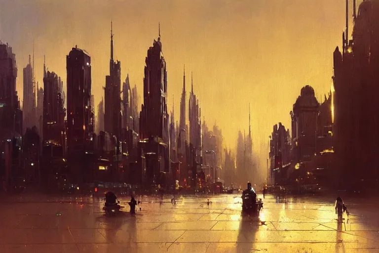 Image similar to city of golden shadows, intricate detailed painting, cityscape, john harris