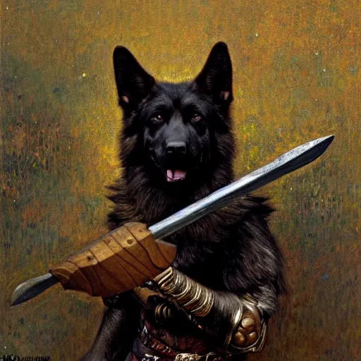 Image similar to a portrait of a black german shepard dogman canine viking with human eyes smiling holding an axe. fantasy highly detailed painting by gaston bussiere craig mullins jc leyendecker gustav klimt artgerm greg rutkowski