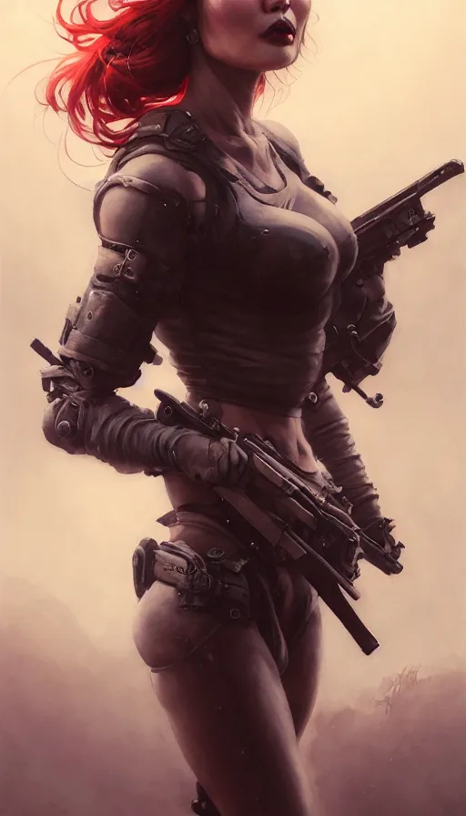 Image similar to road warrior, gemma chan beautiful girl, poetic, gorgeous, pinup, muscle cars, weapons, dystopian, tim okamura, george miller, made by stanley artgerm lau, wlop, rossdraws, james jean, andrei riabovitchev, marc simonetti, yoshitaka amano, beksinski artstation, cgsociety