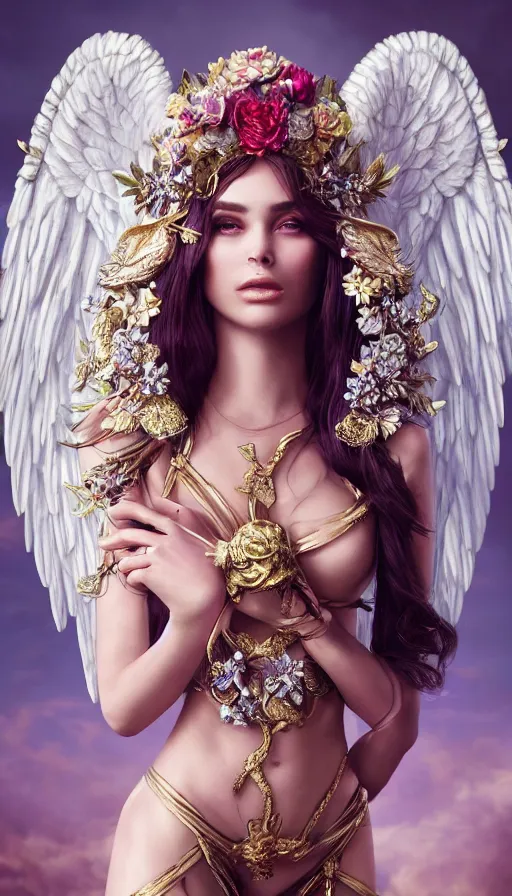 Image similar to expressive full body photo of sophia lauren as beautiful angel, smooth glowing skin, ornate headpiece made from flowers, ornaments, glamour shot, by karol bak, by stefan gesell, by artgerm, octane render, unreal engine, photorealistic, canon r 3, fashion photography, studio shot