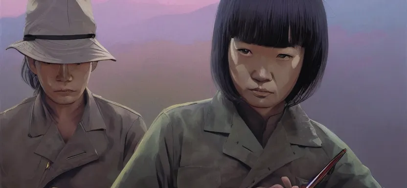 Image similar to the vietnam war, digital painting masterpiece, by ilya kuvshinov, by frank frazetta, by mœbius, by reiq, by hayao miyazaki, intricate detail, beautiful brush strokes, advanced lighting technology, 4 k wallpaper, interesting character design, stylized yet realistic anatomy and faces, inspired by kill bill animated scene