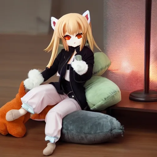 Image similar to cute fumo plush of a foxgirl rpg item shop owner, three point lighting, dramatic, anime, grumpy