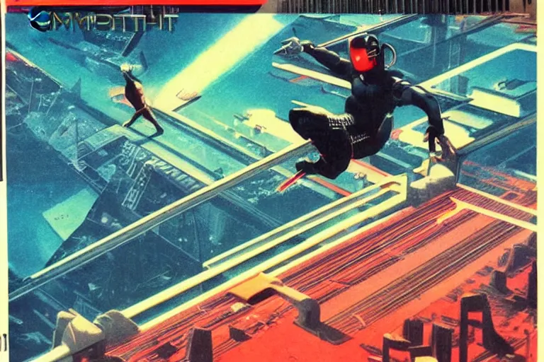 Prompt: 1 9 7 9 omni magazine cover of jumping off a bridge above a park in osaka. cyberpunk style by vincent di fate