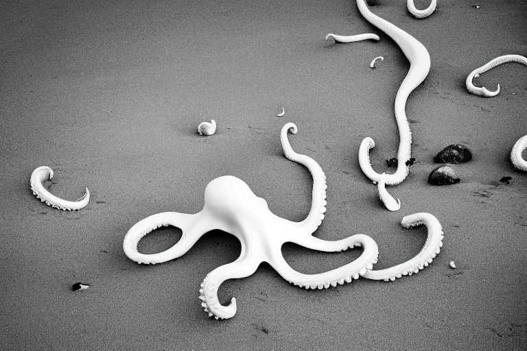 Image similar to photography of a gigantic white octopus walking at the shore of the beach, outside the water, national geographic, evening, award winner, nature