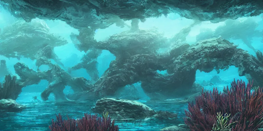 Image similar to alien underwater ecosystem, landscape, Christian Cline, Alex Ries, digital art