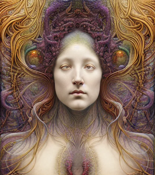 Image similar to detailed realistic beautiful polychromatic goddess face portrait by jean delville, gustave dore, iris van herpen and marco mazzoni, art forms of nature by ernst haeckel, art nouveau, symbolist, visionary, gothic, neo - gothic, pre - raphaelite, fractal lace, intricate alien botanicals, biodiversity, surreality, hyperdetailed ultrasharp octane render