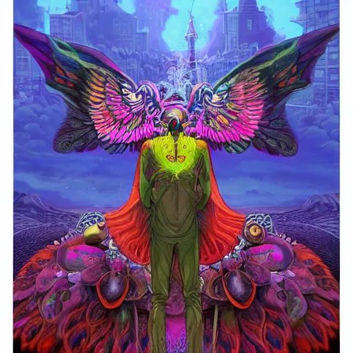 Image similar to A centered chest up portrait of a psychedelic godlike mothman with giant mandala wings smoking a hand-rolled cigarette smoking heavily , magic mushroom village in background , post-processing , award winning. superb resolution. in the art style of junji Ito and greg rutkowski . Detailed Mushroom city in background. Hyper realistic anime. Perfect art. Dalle2